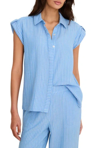 Nic + Zoe Nic+zoe Stripe Cotton Blend Button-up Resort Shirt In Blue