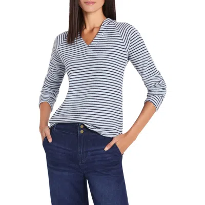 Nic + Zoe Nic+zoe Stripe Thermal Split Neck Long Sleeve Top In Blue