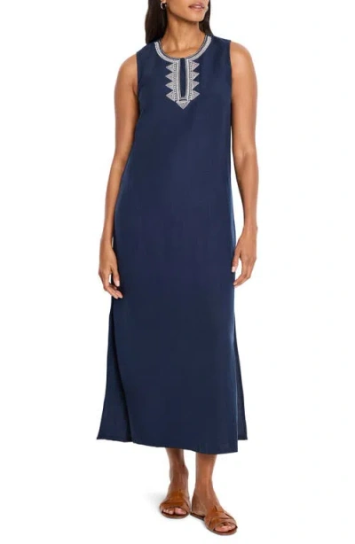 Nic + Zoe Nic+zoe Sunset Soirée Embroidered Linen Blend Sundress In Blue