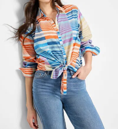 Nic + Zoe Sunset Stripe Cotton Boyfriend Shirt In Blue Multi
