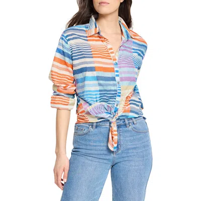Nic + Zoe Sunset Stripe Cotton Boyfriend Shirt In Blue Multi