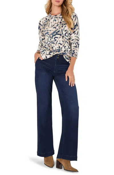 Nic + Zoe Supersoft Blurry Leaf Print Sweater In Indigo Multi