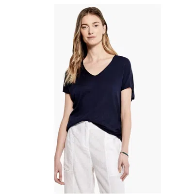 Nic + Zoe Nic+zoe Sweater Women's Dark Indigo Cap Sleeve V-neck Relaxed Fit Frog449 In Blue