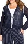 Nic + Zoe Nic+zoe Tie Front Open Stitch Cotton Blend Cardigan In Blue