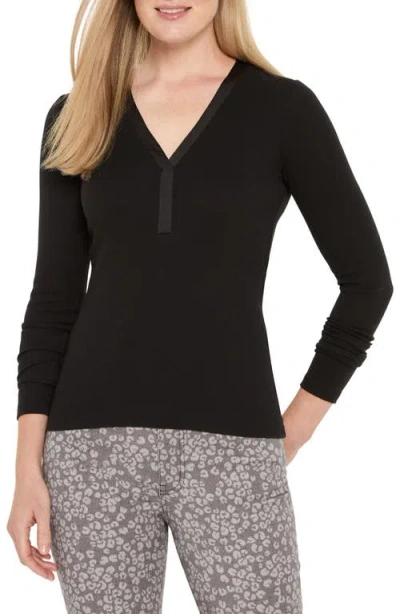 Nic + Zoe Nic+zoe Trimmed Knit Rib V-neck Top In Black