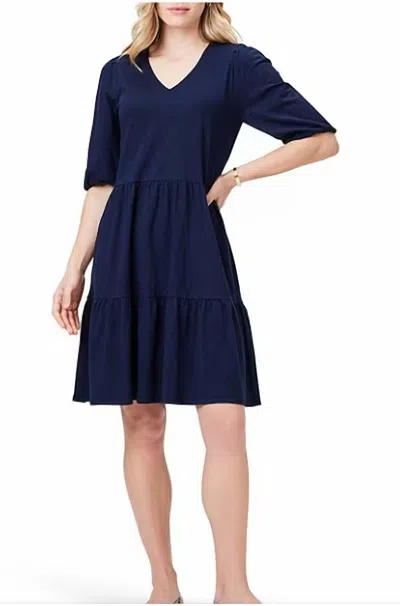 Nic + Zoe V Neck Elbow Sleeve Tiered Dress In Dark Indigo In Purple