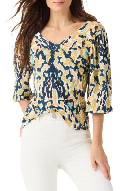 Nic + Zoe Nic+zoe Vineyard Glow Printed Elbow Sleeve Top In Blue
