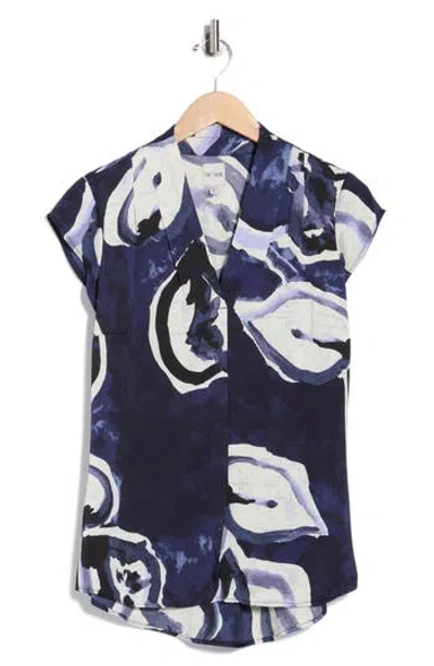 Nic + Zoe Nic+zoe Watercolor Vines Split Neck Top In Blue