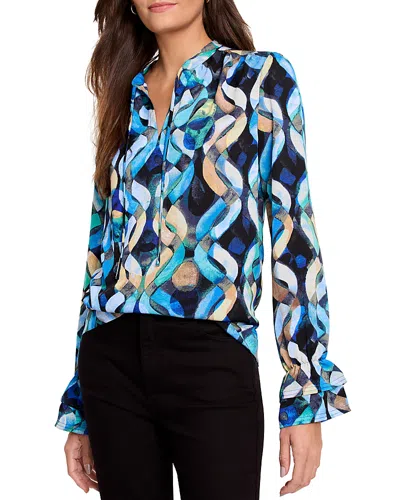 Nic + Zoe Nic+zoe Wave Links Ruffle Cuff Blouse In Blue Multi