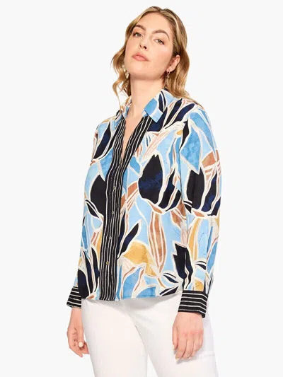 Nic + Zoe Women's Nic+zoe Sapphire Shades Shirt Large Blue Tropical Button Up Preppy Erk495 In Multi