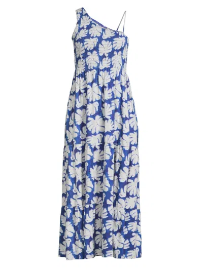 Nic + Zoe Women's Shadow Palm One-shoulder Smocked Dress In Blue Multi