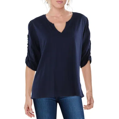 Nic + Zoe Womens Ruched Cotton Pullover Top In Blue