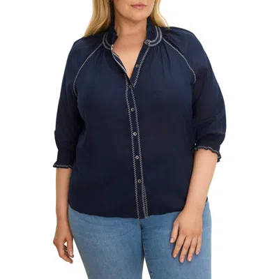 Nic + Zoe Nic+zoe Zigzag Stitch Button-up Shirt In Blue