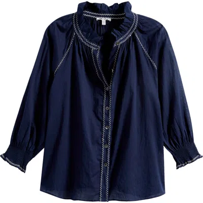 Nic + Zoe Nic+zoe Zigzag Stitch Crinkle Cotton Button-up Shirt In Blue