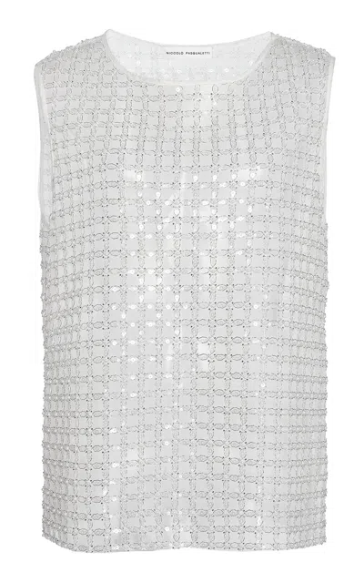 Niccolò Pasqualetti Canotta Sequined Lattice Tulle Tank Top In Silver