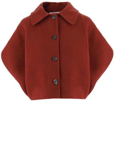 Niccolò Pasqualetti Cropped Voluminous Red Wool Coat With Rounded Sleeves In Brown