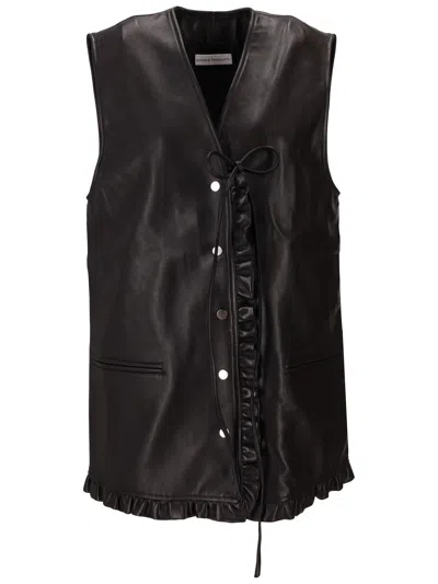 Niccolò Pasqualetti Gala Leather Vest Ruffle Trim V Neckline In Brown