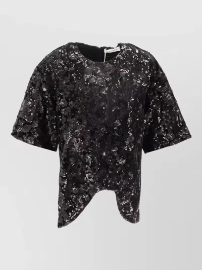 Niccolò Pasqualetti Onda T-shirt Floral Sequin Embroidered Velvet Top In Black