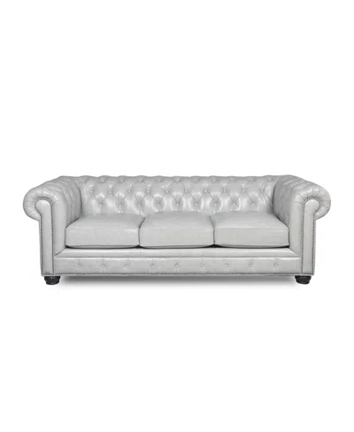 Nice Link Alexandon 95" Chesterfield Chair In Light Grey Italian Leather With Nailhead In Light Gray