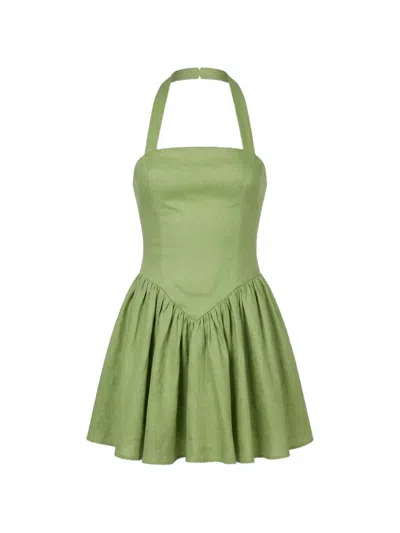Nicholas Amalie Basque-waist Halter Linen Mini Dress In Green