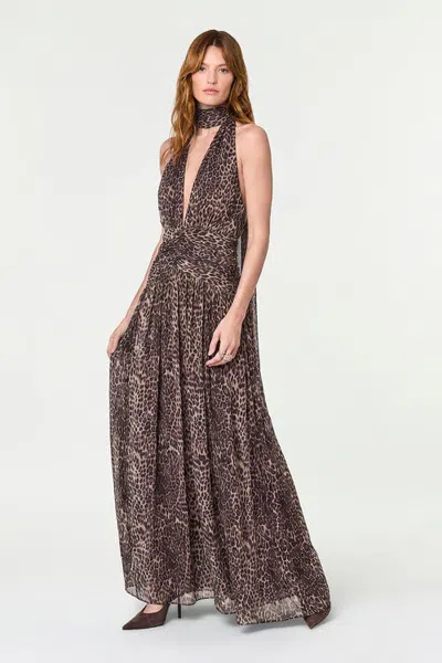Nicholas Arella Deep Plunge Printed Halter Maxi Dress In Brown