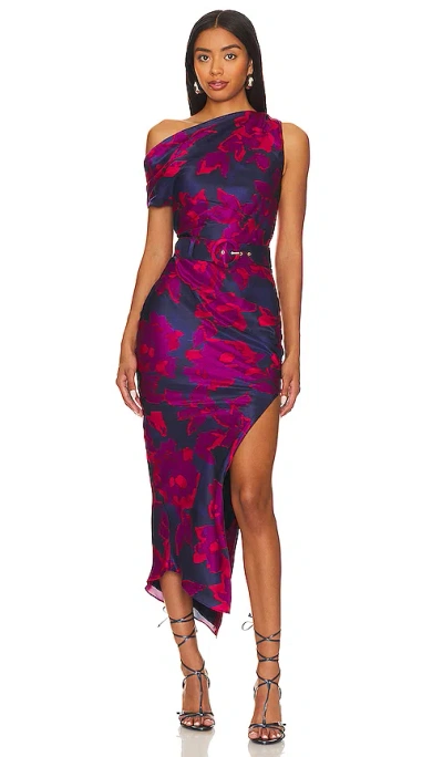 Nicholas Calantha Off Shoulder Midi Dress In Magenta Blurred Floral Print