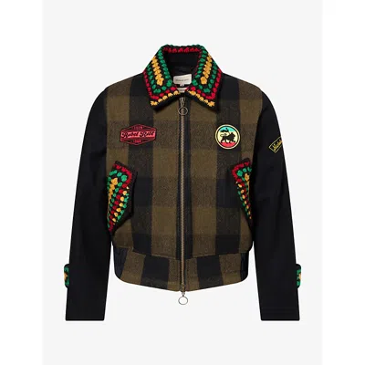 Nicholas Daley Mens Black/olive Rebel Riot Patchwork Wool Jacket In Brown