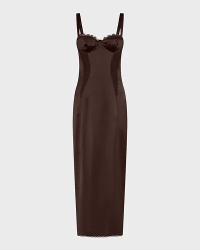 Nicholas Dominique Lace-trim Satin Midi Dress In Brown