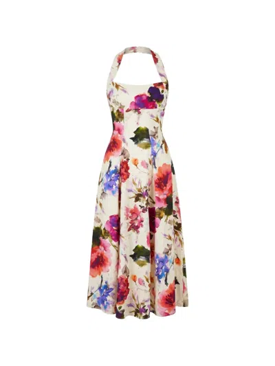 Nicholas Elisabeth Pleated Floral-print Halter Midi Dress In Blue
