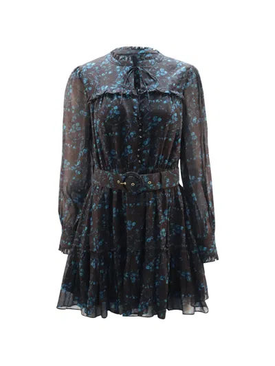 Pre-owned Nicholas Floral-print Belted Dress In Black