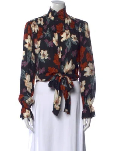 Pre-owned Nicholas Floral Print Mock Neck Button-up Top In Black