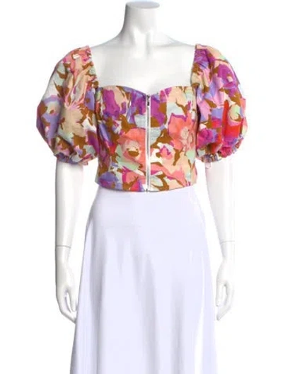 Pre-owned Nicholas Floral Print Square Neckline Crop Top W/ Tags In Pink
