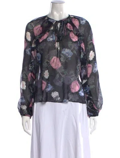 Pre-owned Nicholas Floral Print Tie Neck Blouse In Black