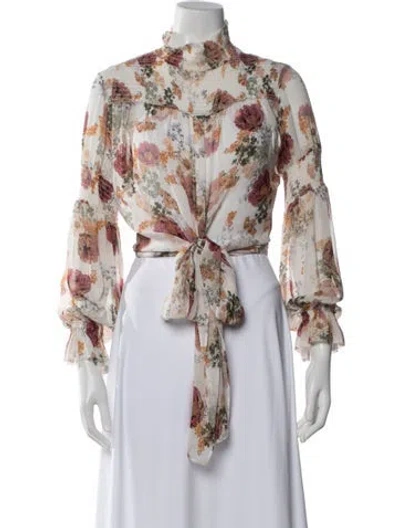 Pre-owned Nicholas Floral Print Tie Neck Blouse In Orange