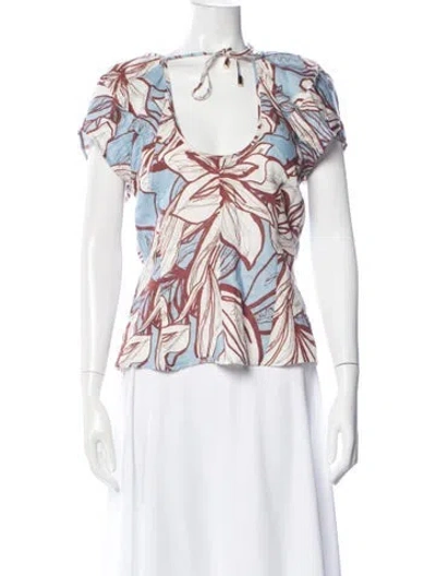 Pre-owned Nicholas Floral Print Tie Neck Top In White