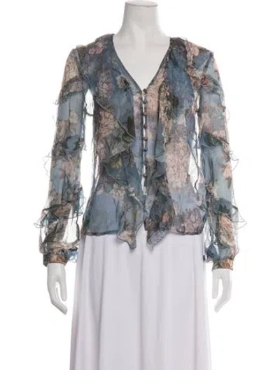 Pre-owned Nicholas Floral Print V-neck Blouse In Blue