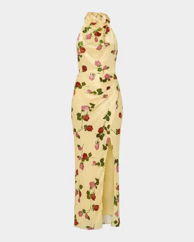 Nicholas Galilea Halterneck Floral A-line Gown In Yellow