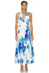 Nicholas Giulia Deep V Halter Midi Dress In Thalia Floral Print Ivory