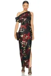 Nicholas Halle Off Shoulder Midi Dress In Watercolor Floral Black