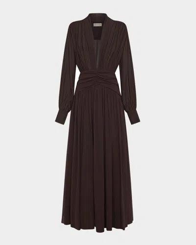 Nicholas Jocelyn Ruched Deep V-neck Gown In Brown