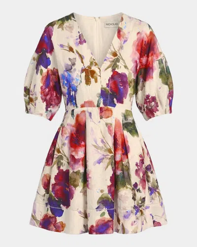 Nicholas Josefa Pleated Puff-sleeve Linen Mini Dress In Watercolor Floral