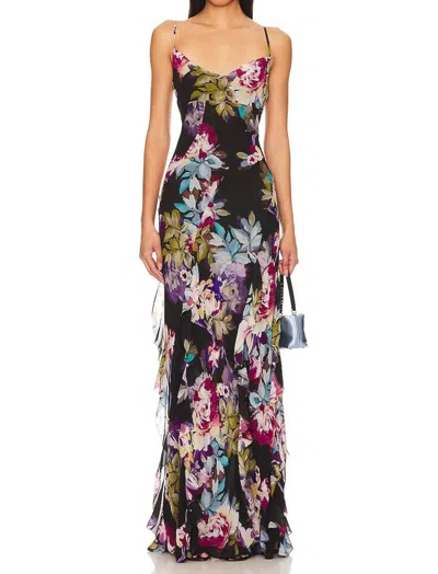 Nicholas Kamila Ruffle Cowl Gown In Antique Floral Black