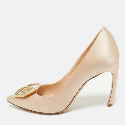 Pre-owned Nicholas Kirkwood Beige Satin Crystal Embellished Eden Pointed Toe Pumps Size 39.5 In Sand