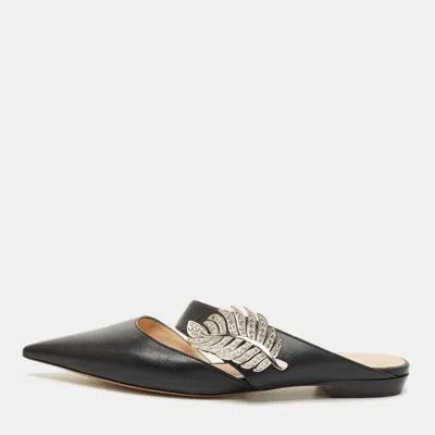 Pre-owned Nicholas Kirkwood Black Leather Crystal Embellished Monstera Flat Mules Size 37