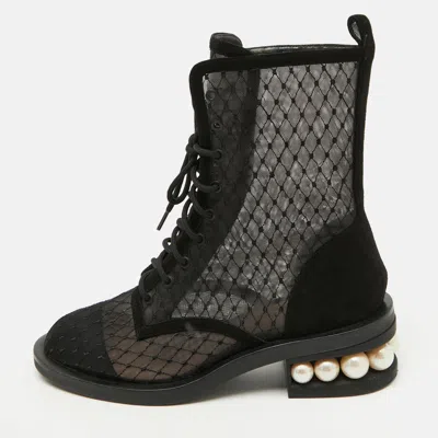 Pre-owned Nicholas Kirkwood Black Mesh And Suede Casati Pearl Ankle Length Boots Size 38