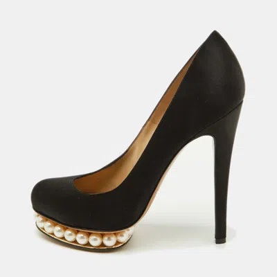 Pre-owned Nicholas Kirkwood Black Satin Faux Pearl Casati Platform Pumps Size 37