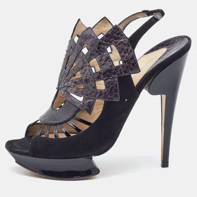 Nicholas Kirkwood Black Watersnake Leather And Suede Slingback Sandals