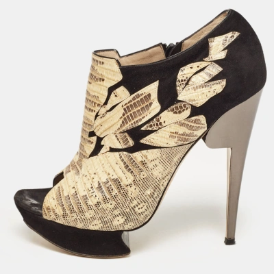 Pre-owned Nicholas Kirkwood Black/yellow Suede And Embossed Lizard Open Toe Platform Booties Size 40.5