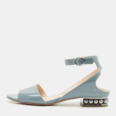 Pre-owned Nicholas Kirkwood Blue Patent Leather Casati Ankle Strap Sandals Size 40