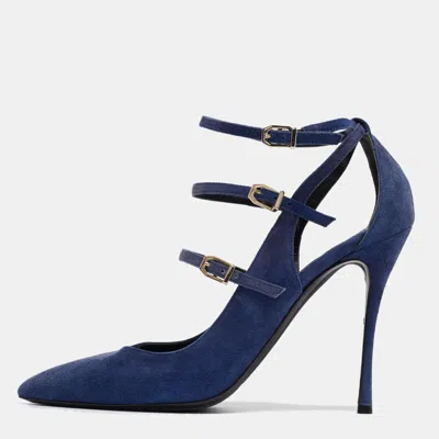 Nicholas Kirkwood Blue Suede Ruffle Buckle Pointed Toe Pumps